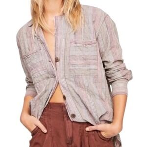 Free People‎ High Tide Pink Sands Striped Button Down Shirt Womens Medium Boho